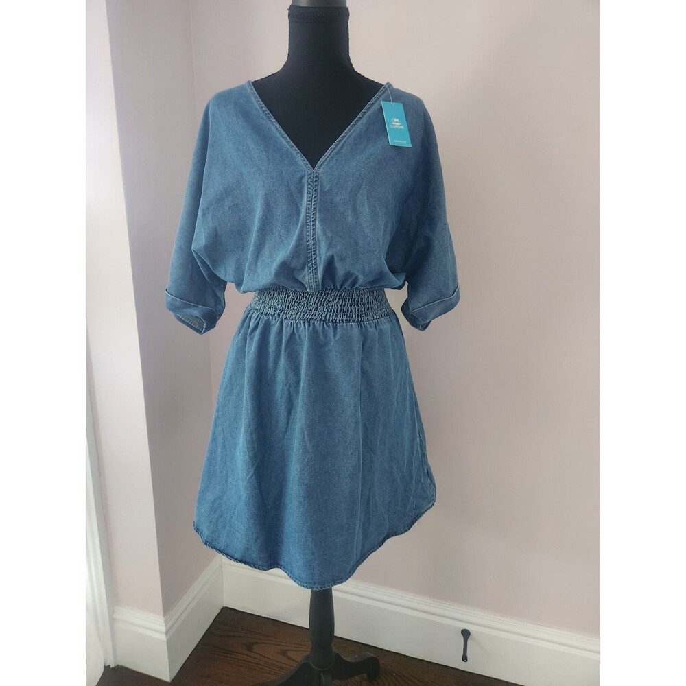 NWT CUPSHE Denim Mini Dress Women’s V Neck Smocked Waist Short Sleeve XL - Picture 2 of 12
